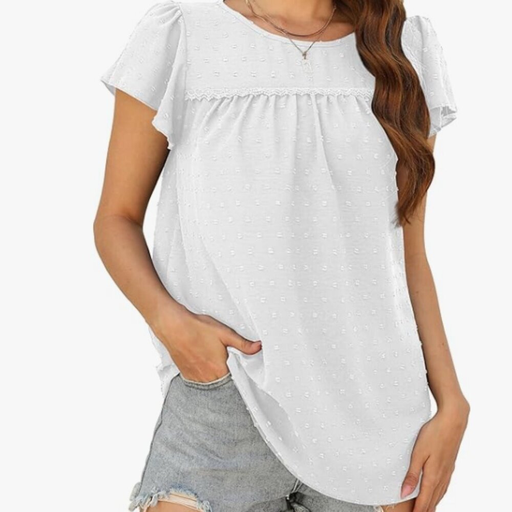 Rubzoof Ruffle Sleeve Flowy Baby Doll Shirt White Women Size Medium